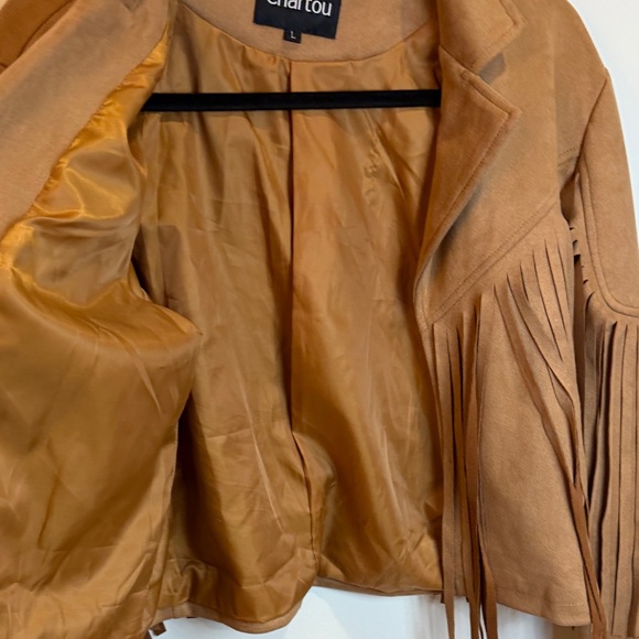 Chartou Women's Tan Fringe Faux Suede Jacket, L- Western, Cropped Moto, Fringe - Picture 4 of 7